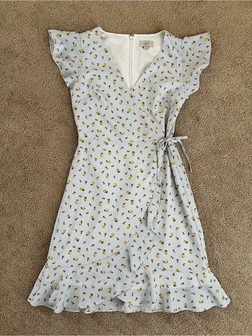 LOFT White Mini Wrap Dress with Yellow Floral Print
